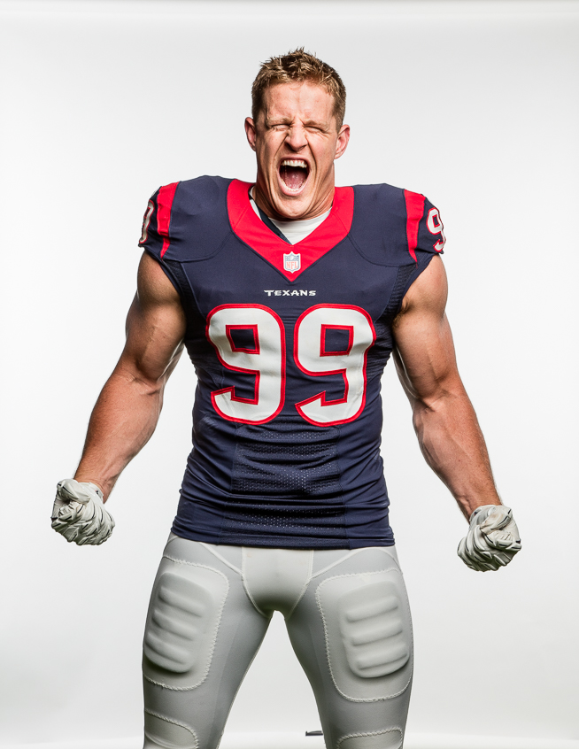 Houston Texans defensive end J.J. Watt posing for portraits in the practice bubble across from NRG Stadium in Houston, Texas on Wednesday, July 22, 2015.  © 2015 Robert Seale/All Rights Reserved.