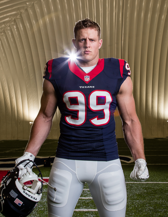 Houston Texans defensive end J.J. Watt posing for portraits in the practice bubble across from NRG Stadium in Houston, Texas on Wednesday, July 22, 2015.  © 2015 Robert Seale/All Rights Reserved.