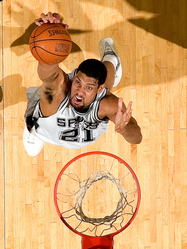 An overhead remote shot of Tim Duncan. © Robert Seale/The Sporting News